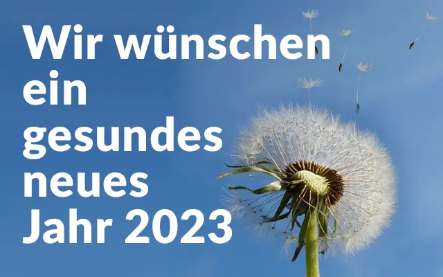 Reifer Löwenzahn mit dem Spruch "Wir wünschen ein gesundes neues Jahr 2023"