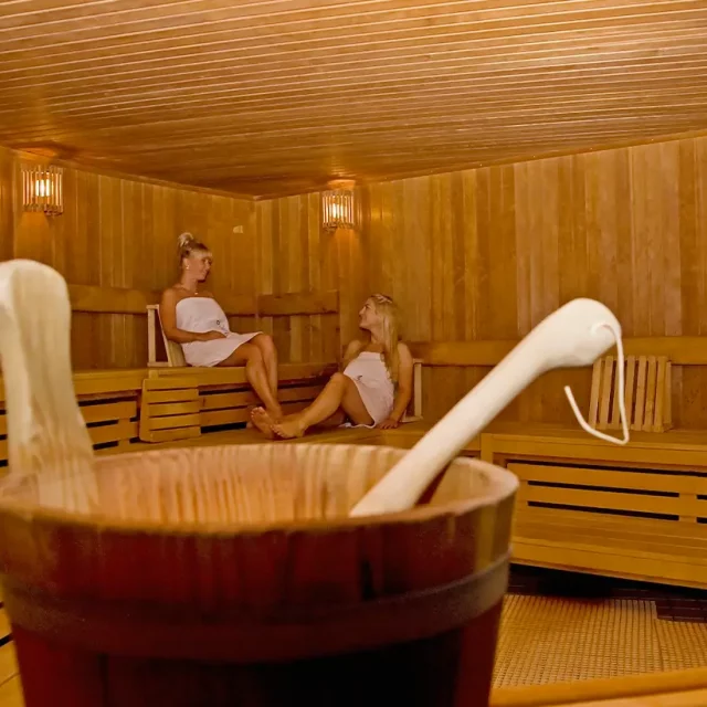 zwei Damen in der Sauna mit Aufgusseimer