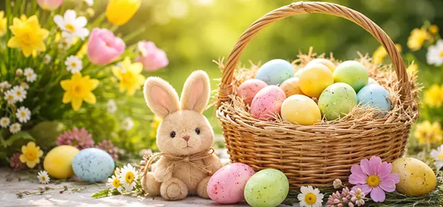 Ein geflochtener Korb mit bunten Ostereiern und einem Plüschhasen steht umgeben von Frühlingsblumen vor einem unscharfen, sonnigen Gartenhintergrund.