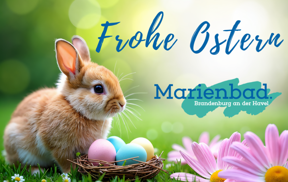 Osterhase mit Eiernest und Blumen