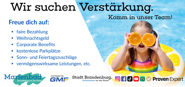 Das Bild zeigt eine Stellenausschreibung des Marienbads mit dem Titel „Wir suchen Verstärkung“ sowie Vorteilen wie fairer Bezahlung, Weihnachtsgeld, Corporate Benefits, kostenlosen Parkplätzen und Sonn- und Feiertagszuschlägen.